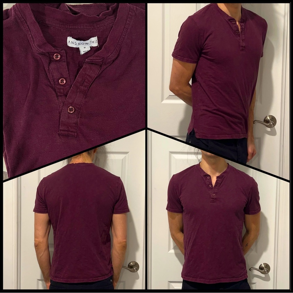 And Now This Mens Button up Burgundy t-shirt size medium